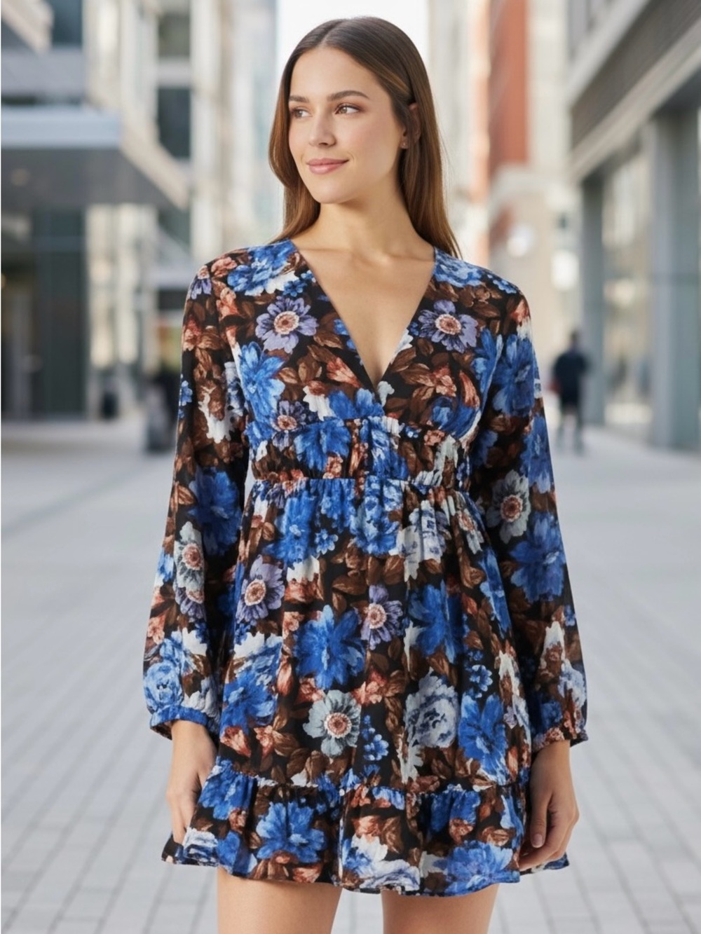 Zara Blue and Brown Floral V-Neck Mini Dress Size Medium